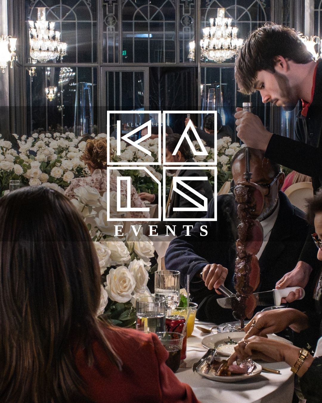 Elegant banquet scene with floral decor and chandeliers, guests dining, and a KAS EVENTS logo overlay.