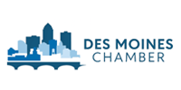 Des Moines Chamber logo: Blue skyline silhouette over a bridge, with the words