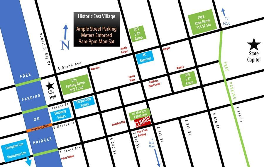Map of Historic East Village with parking info, nearby businesses, and State Capitol location.