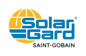 Solar Gard logo: blue text over an orange globe with the Saint-Gobain logo below.