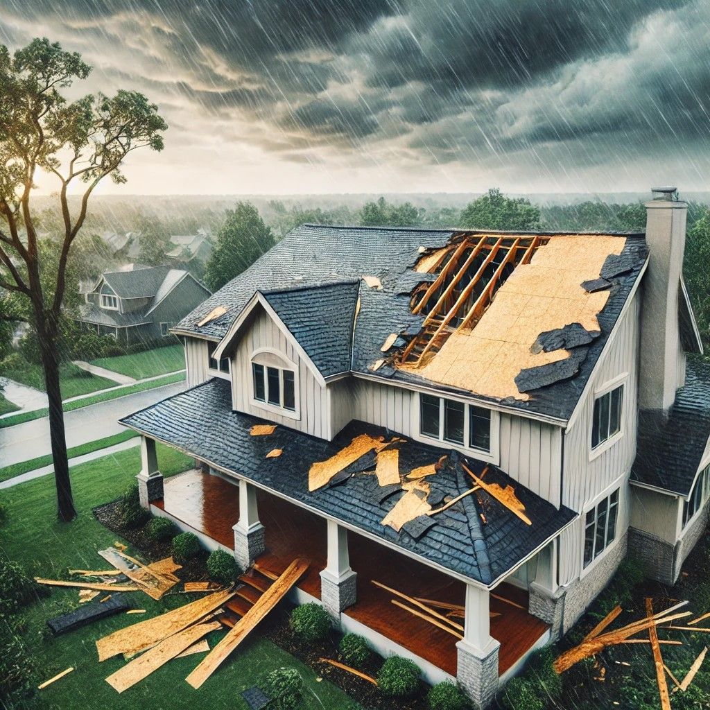 A storm-damaged roof with missing shingles and debris under an overcast sky. 