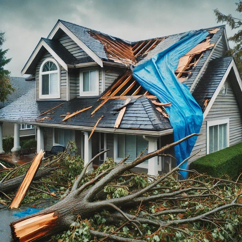 Damaged suburban roof with missing shingles and a tarp, surrounded by fallen branches.