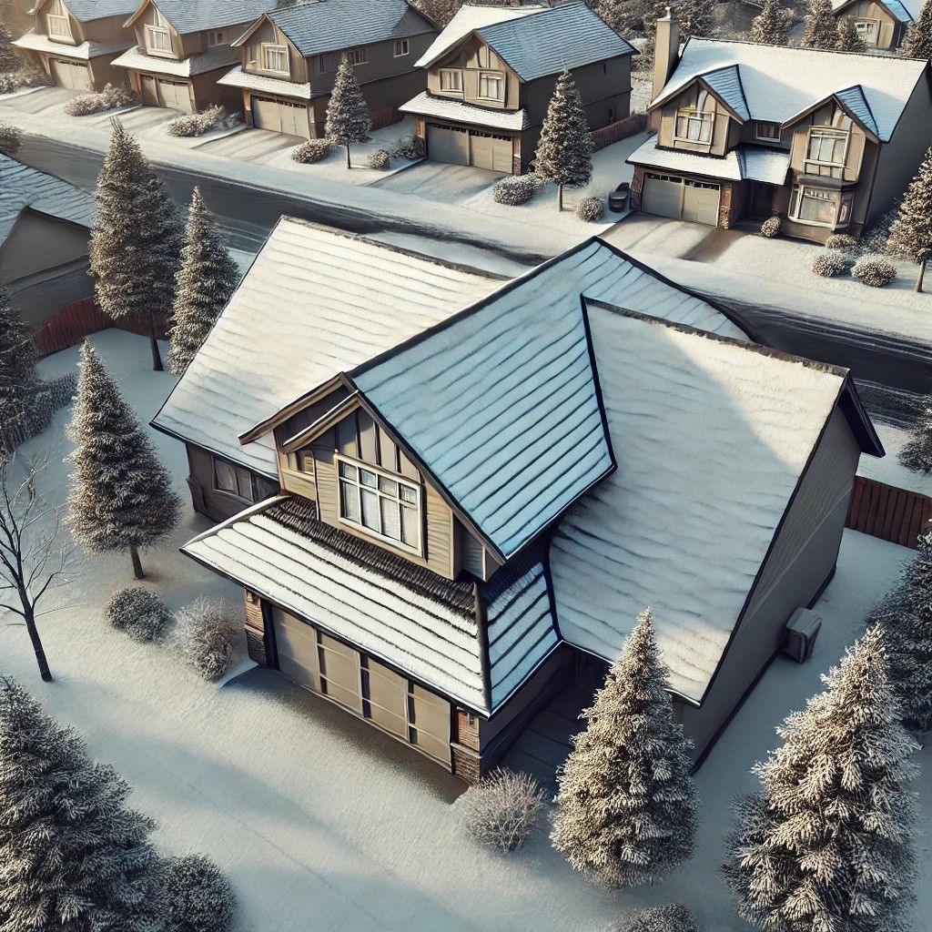 Residential roof in winter with light snow, bare trees, and overcast sky.  