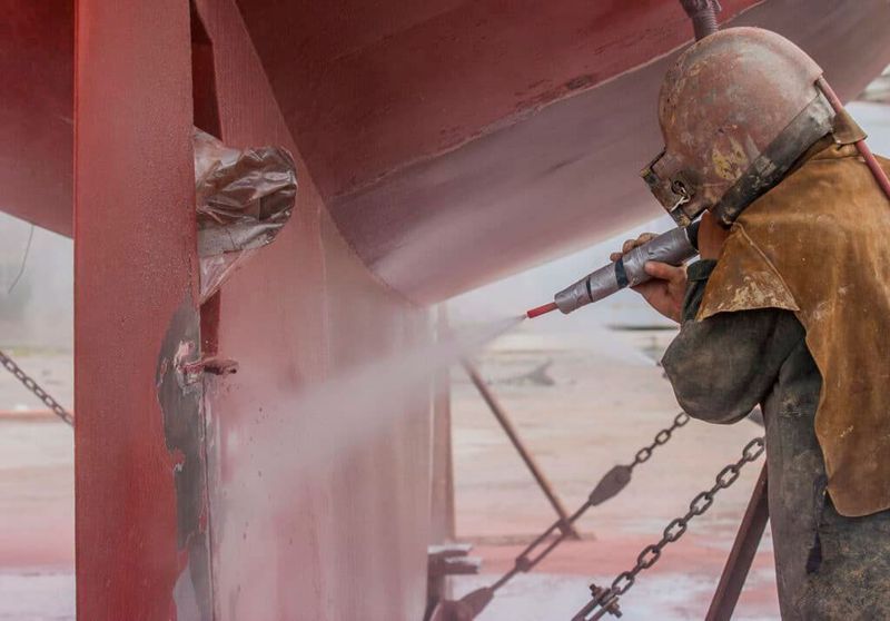 A worker in protective gear sandblasts a red ship hull outdoors.