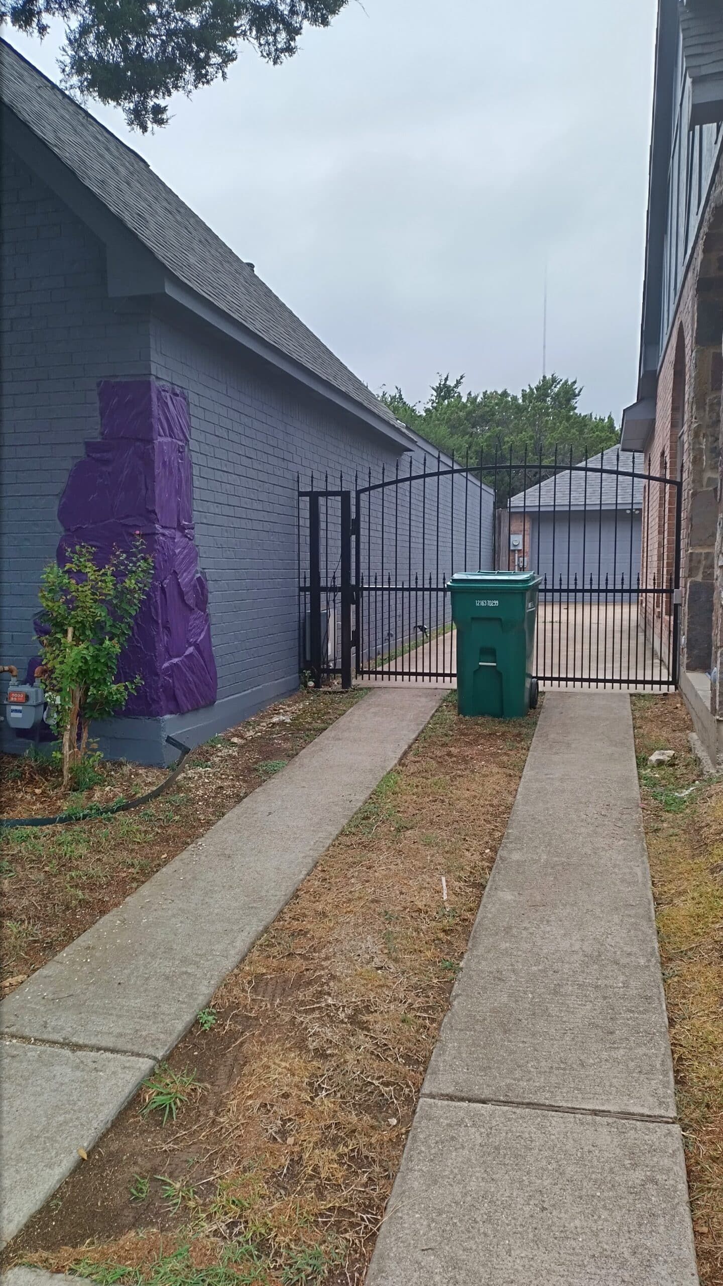 Driveway between buildings with a black fence, a trash can, and a purple painted wall.