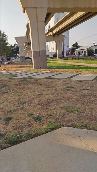 Underneath an overpass, concrete slabs in dry grass, with buildings in the background.