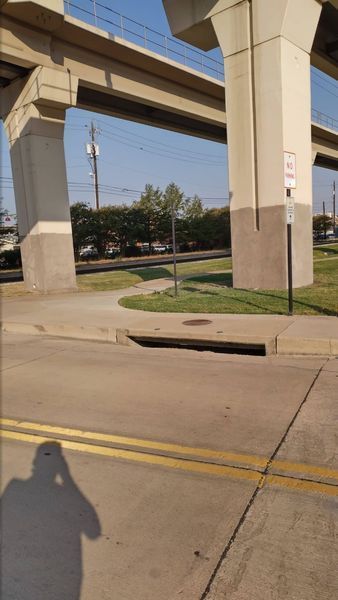 Shadow of person taking photo under elevated train tracks. Concrete, grass, and a small tree are visible.