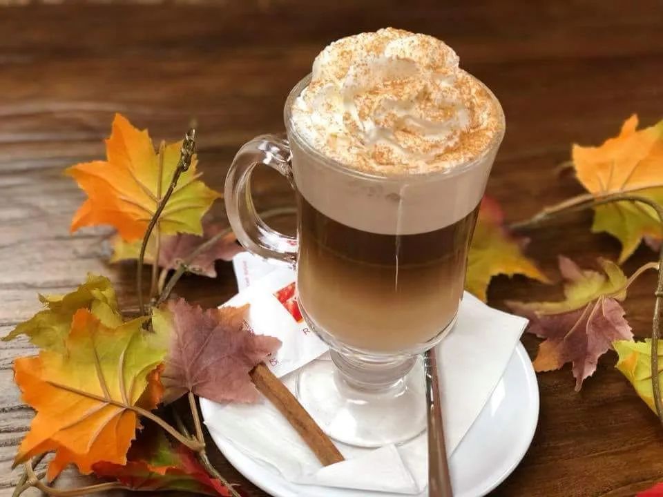 Pumpkin spice latte in a glass with whipped cream, on a saucer with cinnamon stick and fall leaves.