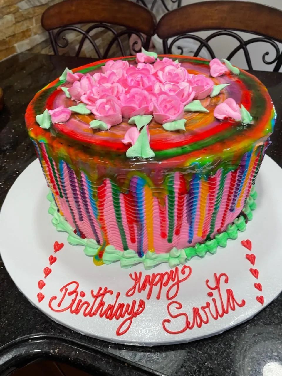 Rainbow cake with pink roses, 