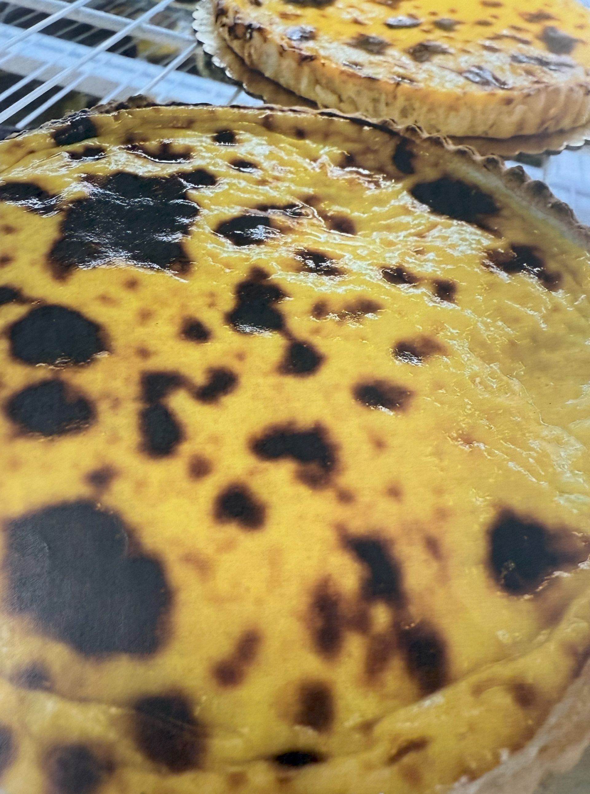 Two golden tarts with dark, mottled tops, displayed on a wire rack.
