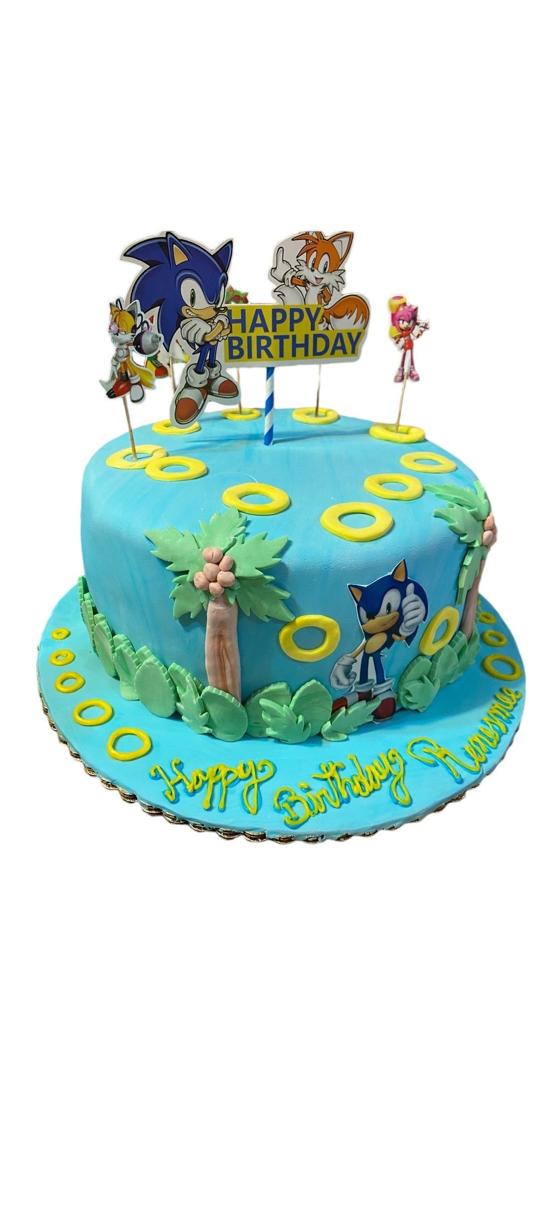Sonic the Hedgehog birthday cake with character decorations and 
