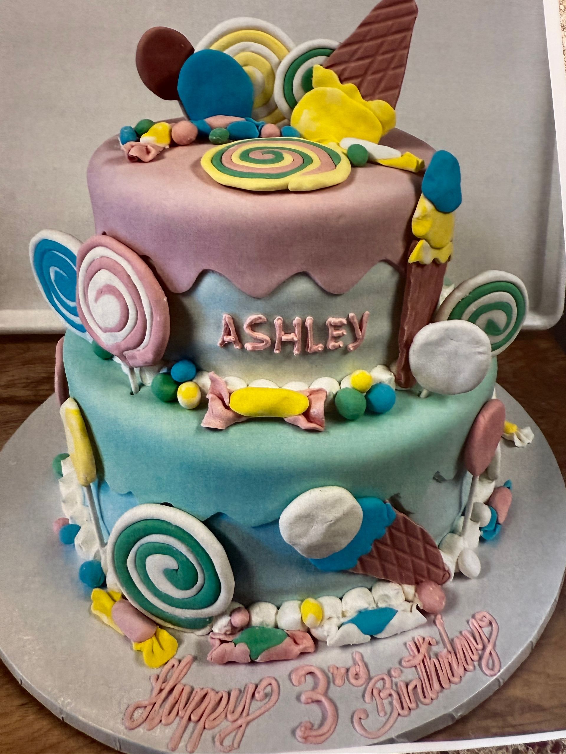 Two-tiered birthday cake with candy decorations. Pastel colors, lollipops, ice cream cones, and 