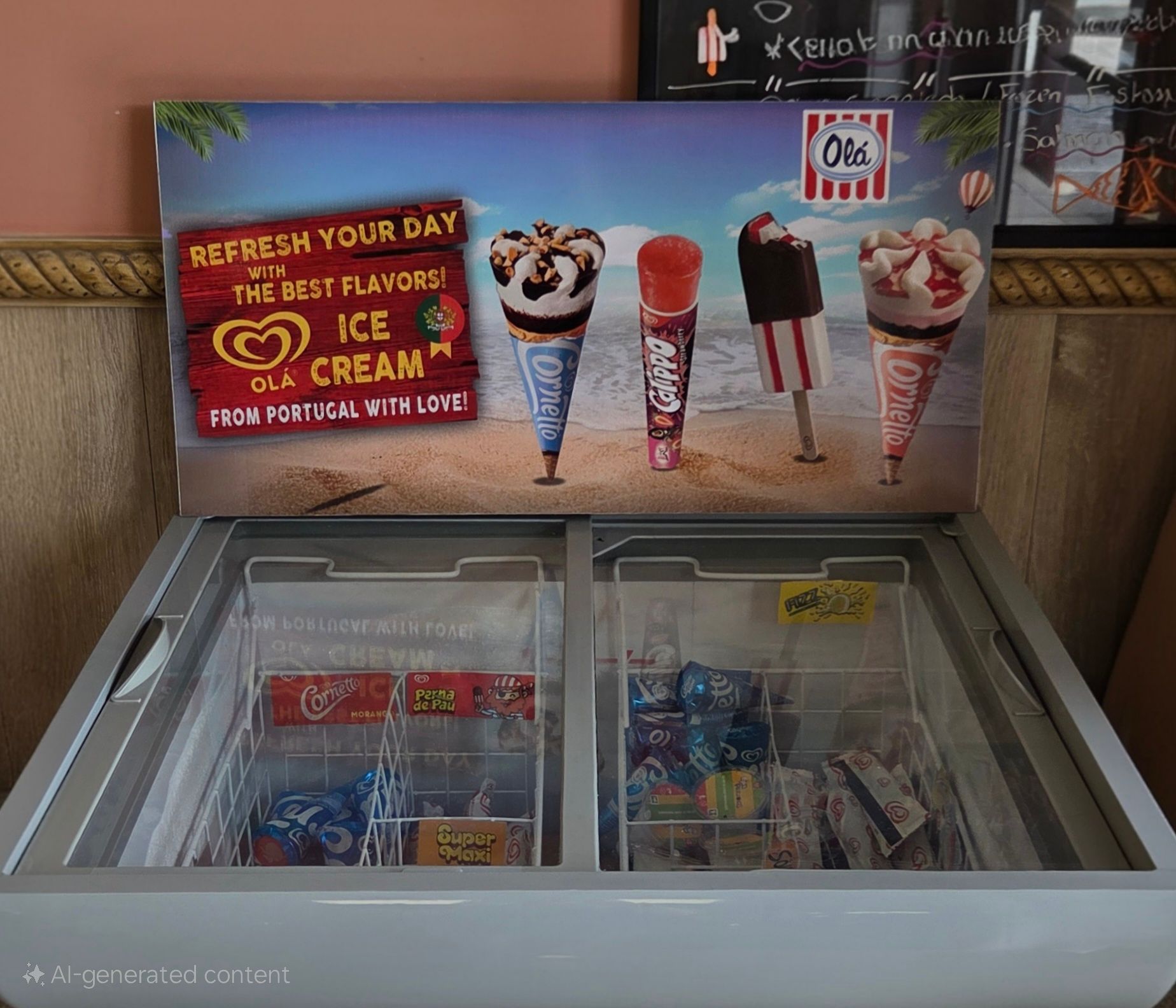 Ice cream freezer with advertisement: four different cones on a beach background.
