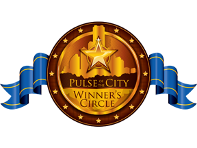 Gold medal with star, cityscape silhouette, 