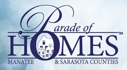Parade of Homes logo. Dark blue script with a house graphic.
