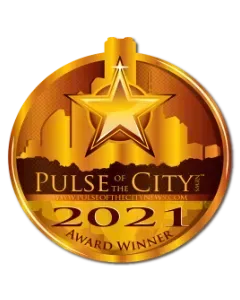 Gold Pulse of the City 2021 Award with a star and city skyline silhouette.