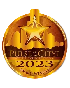 Gold medal with star, cityscape silhouette,