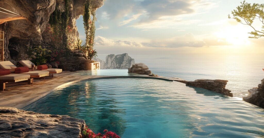 Infinity pool overlooking ocean, with rocky cliffs, lounge chairs, and bright sunlight.