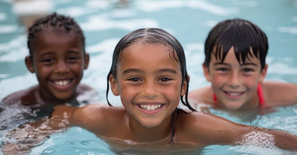Three children smiling in a pool of water.