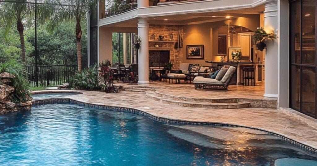Pool and patio with lounge seating, steps, and house with columns.