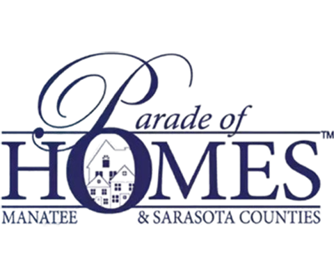 Parade of Homes logo. Dark blue script with a house graphic. 