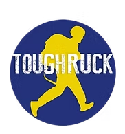 Yellow figure rucking, carrying backpack, inside a blue circle with