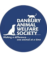 Blue circular logo: Danbury Animal Welfare Society text, silhouettes of a dog and cat.