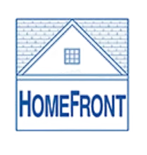 Blue line drawing of a house with the word