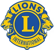 Lions Clubs International logo: blue and yellow emblem with two lion heads flanking a central