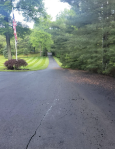 Long asphalt driveway lined with trees and a mowed lawn. An American flag flies to the left.