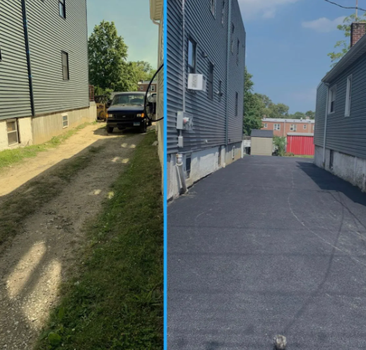 Before-and-after of a driveway. The left side is gravel and grass. The right side is blacktop.