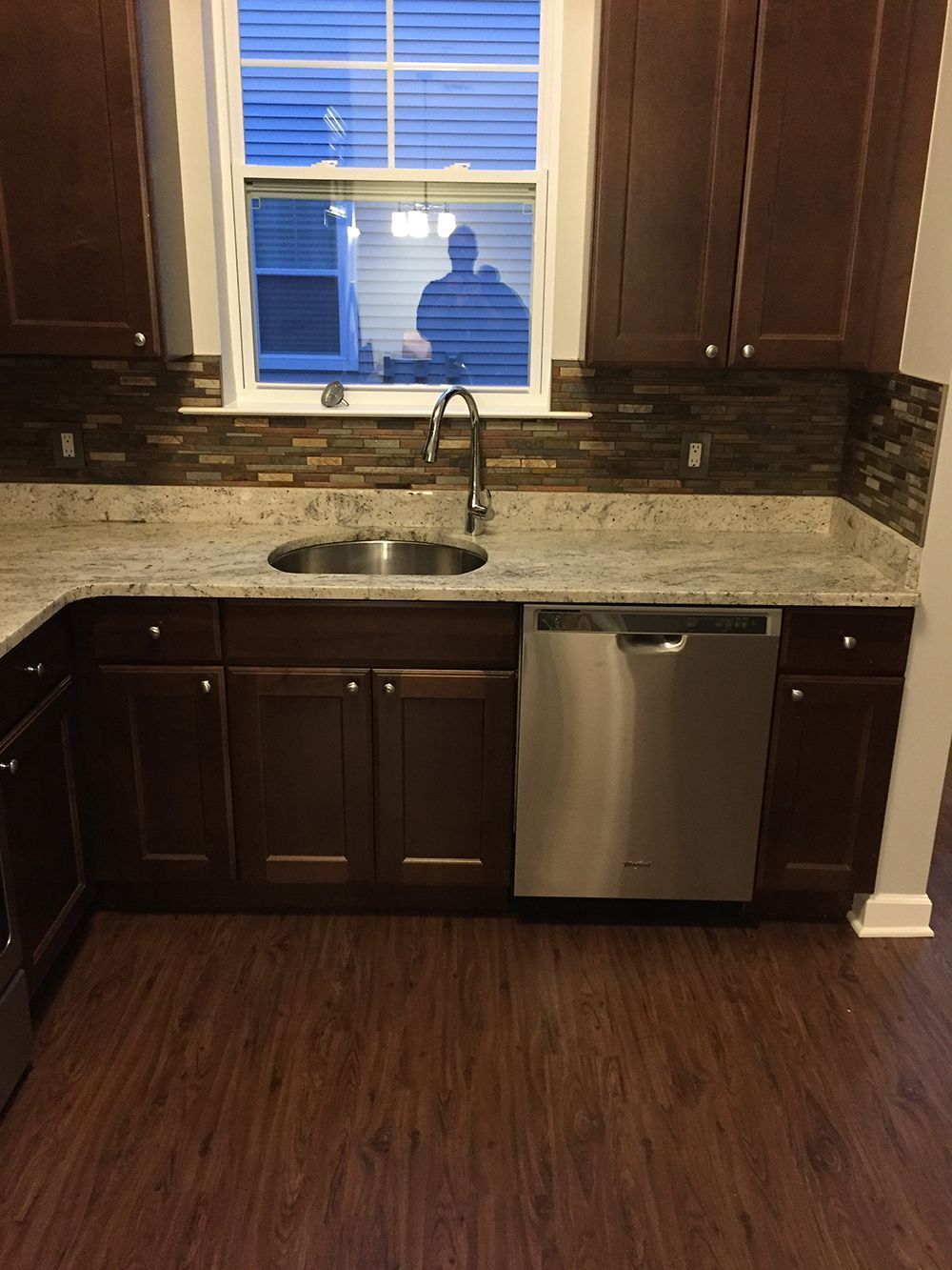 Kitchen with dark cabinets, stainless steel dishwasher, and granite countertop.