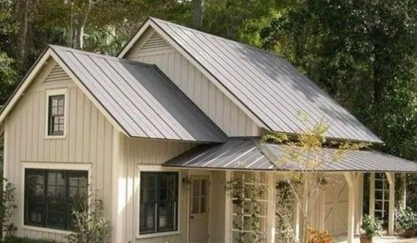 Small beige house with a gray metal roof and black window frames, porch with climbing plants.