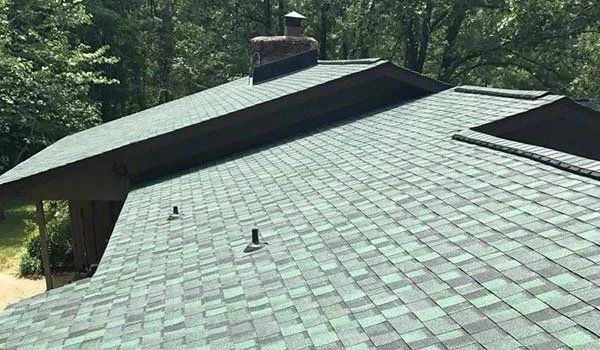Green and gray shingled roof on a house with a chimney, trees in the background.
