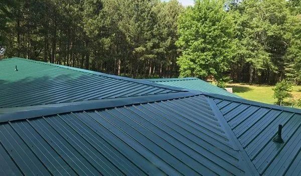 Green metal roof with visible ridges, set against a backdrop of lush green trees.