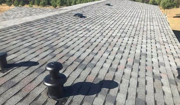 Gray asphalt shingle roof with several black vent pipes under a sunny sky.