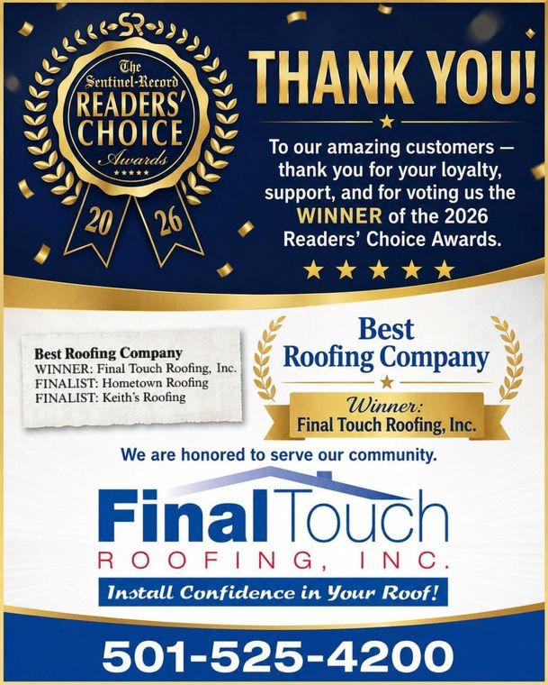 FinalTouch Roofing ad with award badges, “Thank you,” and phone number 501-525-4200