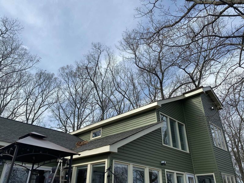 Green house with dormer windows under bare winter trees and a cloudy sky