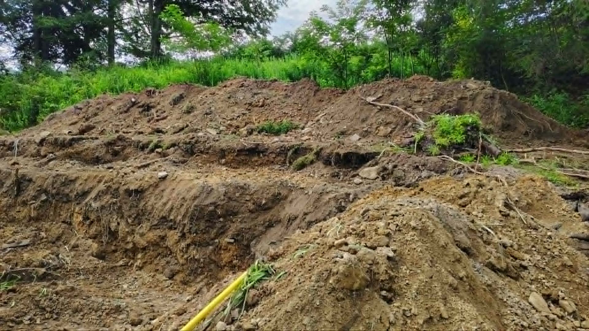 Large dirt piles on a construction site with green trees in the background