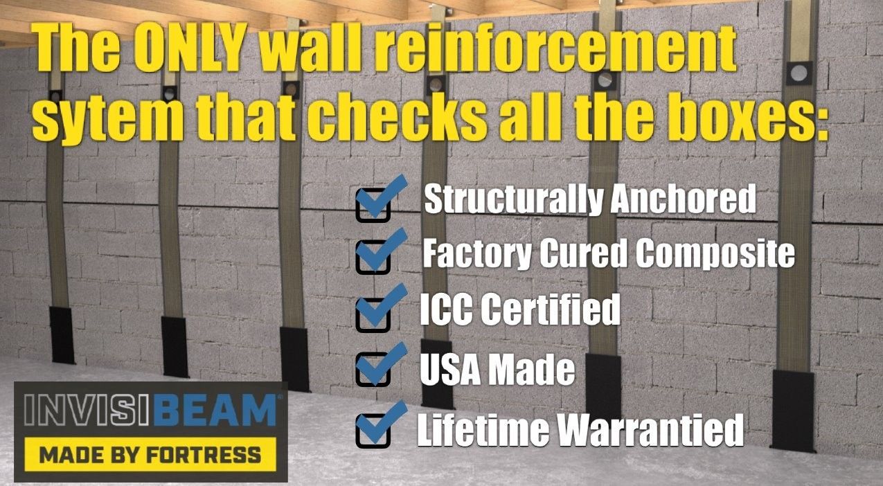 Ad for wall reinforcement with gray concrete wall, blue checkmarks, and text: “The ONLY wall reinforcement system that checks all the boxes.”