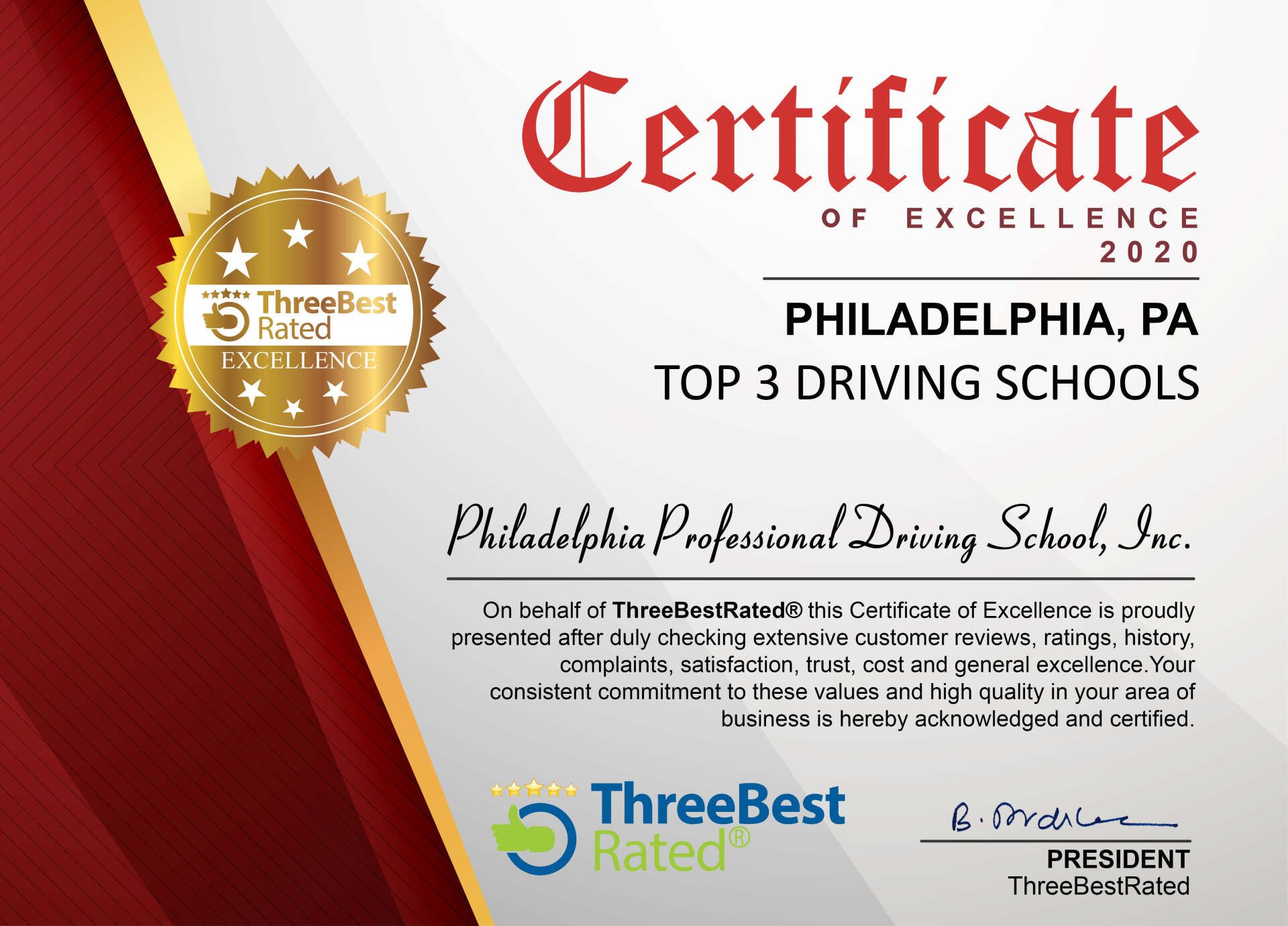 Certificate of Excellence Top 3 Driving Schools