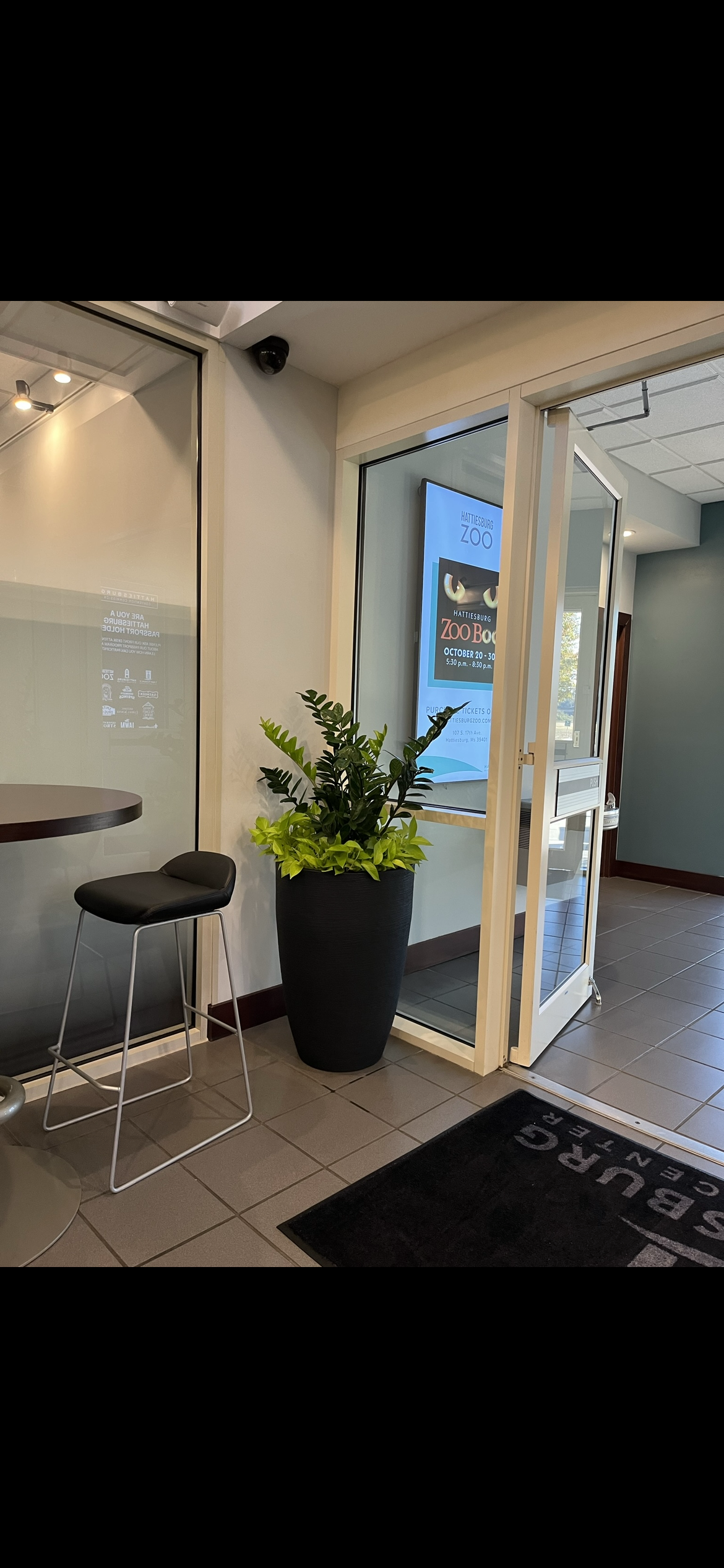 A potted plant is sitting in a lobby next to a glass door.