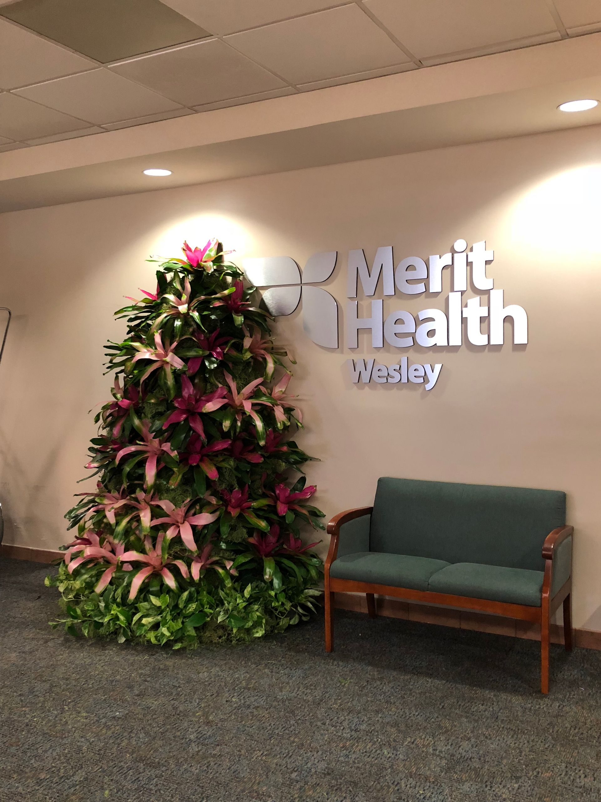 A christmas tree in front of a merit health sign