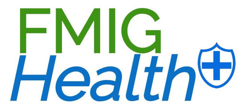 FMIG Health logo in green and blue with a blue medical cross icon