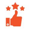 An orange icon of a thumbs-up gesture with three stars arranged in an arc above it.