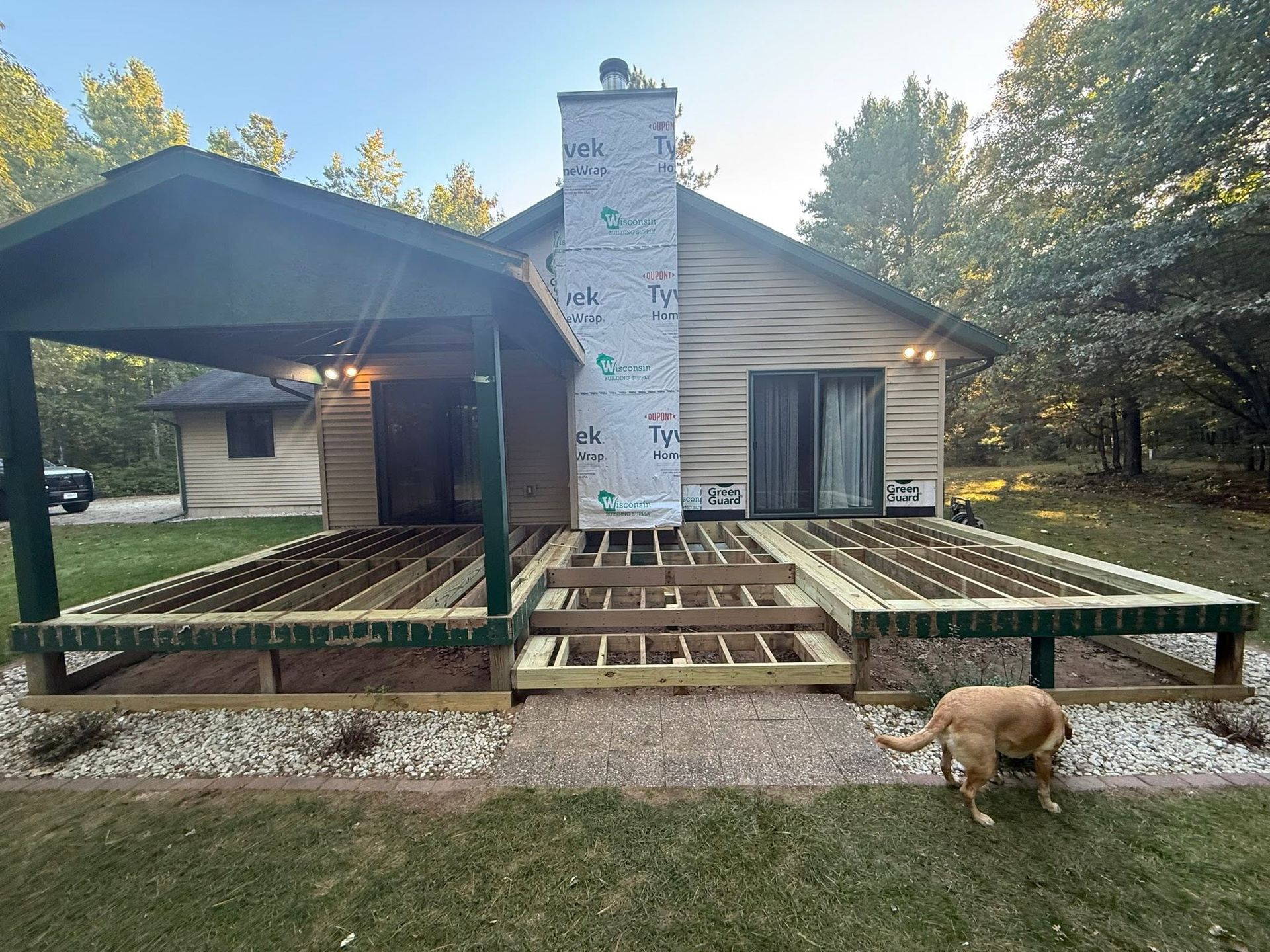 Cabin porch under construction with a ladder, black tarp roof, and a dog in the yard