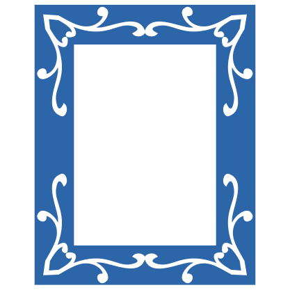 Blue rectangular frame with white ornate floral accents.