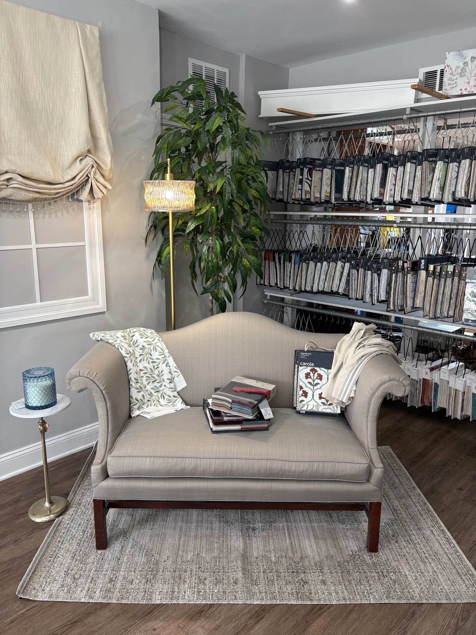 Cozy living room with gray chaise, lamp, plant, window seat, and large bookshelf filled with DVDs