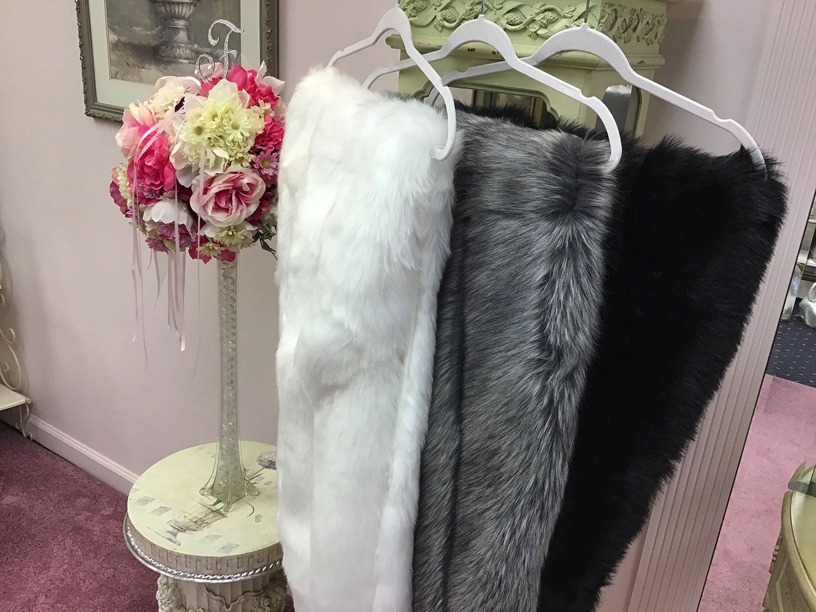 Faux fur in white, gray and black