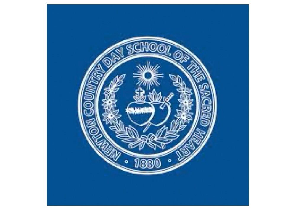 Newton Country Day School of the Sacred Heart logo on blue background: white emblem with text and a heart design.